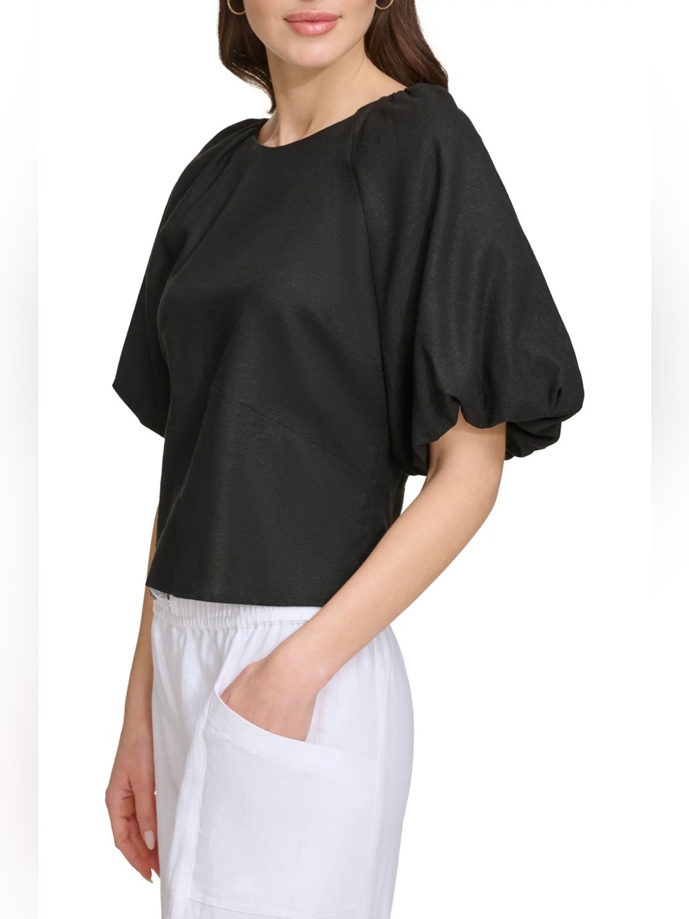 NEW DKNY puff sleeve linen blend top